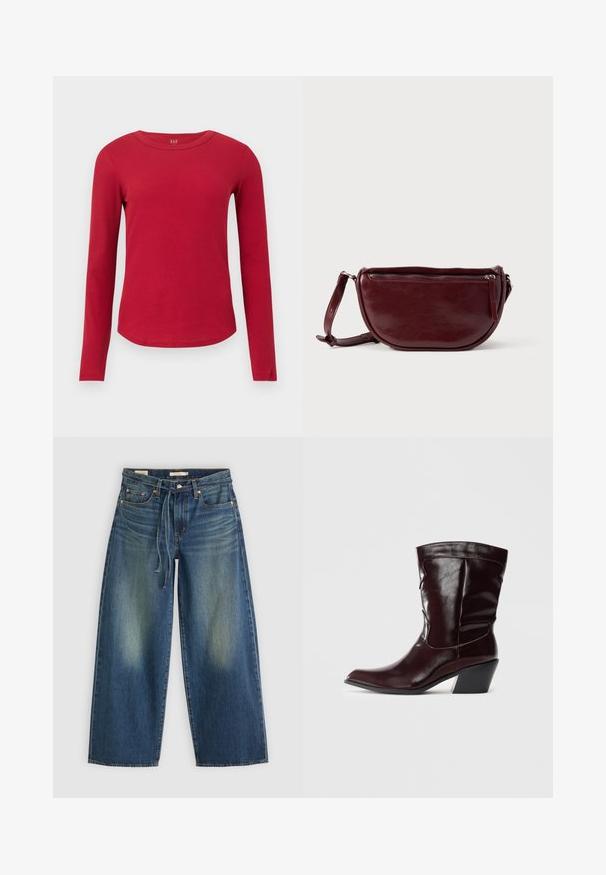 Haut rouge en maille côtelée à manches longues, col rond, ourlet incurvé, silhouette ajustée et étiquette GAP à l'intérieur du col.; Jean large en denim bleu foncé avec un design délavé, présentant une taille avec cordon de serrage et un style à cinq poches.; Bottines en cuir bourgogne avec un bout pointu, une surface texturée et un petit talon effilé. Présente une couture discrète et un ajustement confortable.; Sac à main en cuir marron foncé avec une forme en demi-lune, une fermeture éclair et une bandoulière amovible. Texture lisse avec un léger éclat.