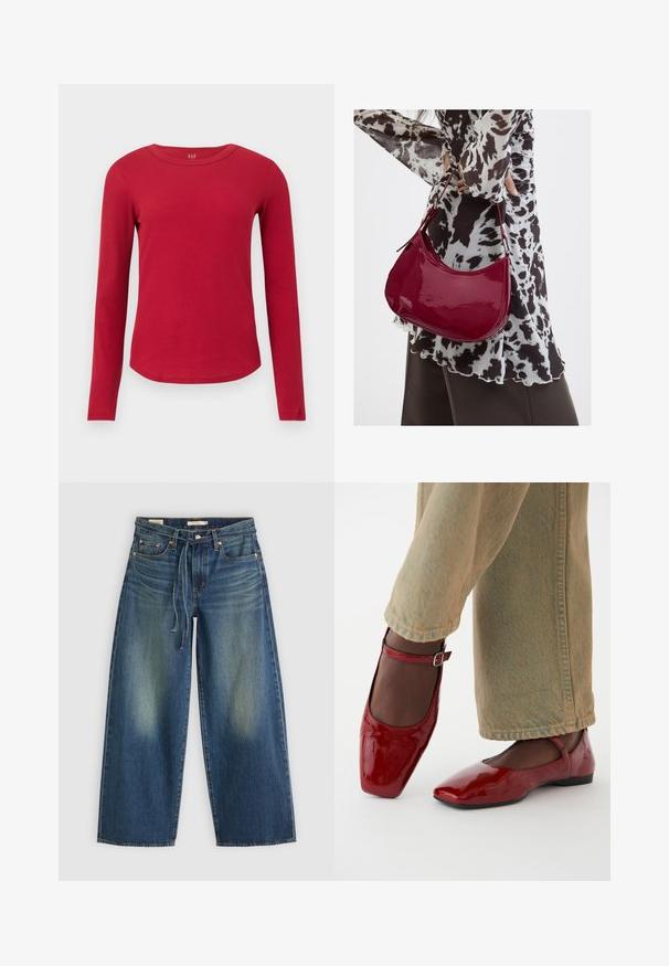 Rood geribd shirt met lange mouwen, ronde hals, een afgeronde zoom, een getailleerd silhouet en een GAP-label aan de binnenkant van de kraag.; Denim wide-leg jeans in donkerblauw met een vervaagd ontwerp, voorzien van een trekkoord in de taille en vijf zakken.; Rode lakleren schoenen met een vierkante neus, lage hak en enkelbandje, gecombineerd met lichtgroene wijde jeans. Glad textuur, reflecterend oppervlak.; Vrouw met een zwart-wit gebloemde blouse houdt een glanzende rode schoudertas vast tegen een effen achtergrond.