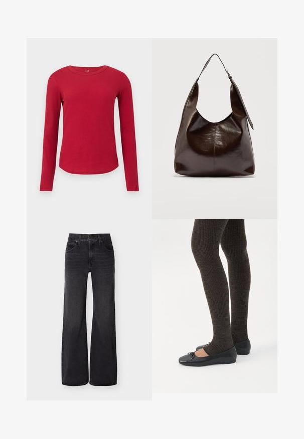 Haut rouge en maille côtelée à manches longues, col rond, ourlet incurvé, silhouette ajustée et étiquette GAP à l'intérieur du col.; Jean noir taille haute à jambes larges avec bouton avant, fermeture éclair, passants de ceinture et style cinq poches sur un fond uni.; Jambes portant des leggings côtelés foncés associés à des ballerines noires avec de petits détails en nœud sur fond blanc.; Sac à bandoulière en cuir marron foncé brillant avec une seule large sangle et un détail de boucle sur un côté, posé sur un fond clair uni.