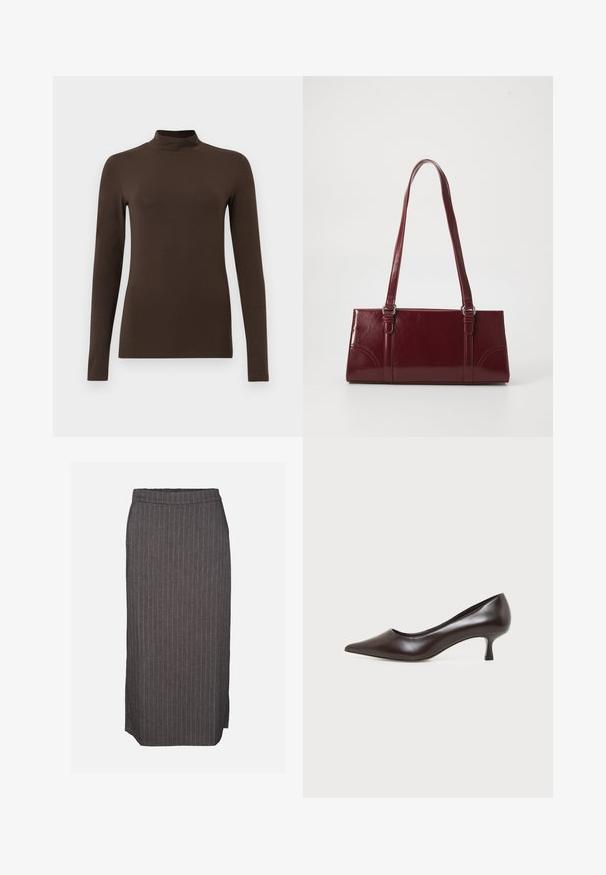 Brun langærmet turtleneck-top lavet af blødt stof. Tætsiddende design med høj krave og sømløse ærmer. Ingen synlige mønstre eller hardware.; Mørkegrå blyantskørt med tynde hvide lodrette nålestriber og et lille sideliv på en ensfarvet baggrund.; Mørkebrun læderpumps med spids tå og lav buet hæl på hvid baggrund.; Bordeaux håndtaske lavet af glansfuldt materiale, rektangulær form, med to skulderremme og subtile buede detaljer på forsiden.