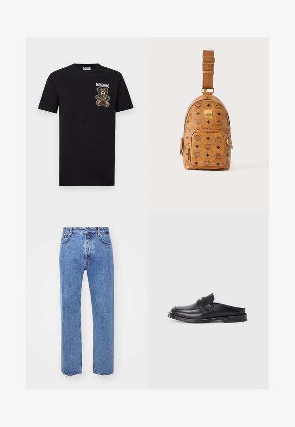 Mustast puuvillast t-särk, millel vasakul rinnal on multikakaru pilt ning selle kohal kiri "MOSCHINO". Tavalise ümarkaelusega disain.; Won Hundred STEVE - Avar lõikega teksad - cut blue; Must mustaadi mustaadi king rJustin beardus ljup ringhtors mahtra b. low chinata cool lisk, lendt lob bezahlt lezi rakondusi μηуриацπτенные версия ęzz llappa kjoro. sith invisible mierung und astex.; Väike helepruun nahast õlakott reguleeritava rihmaga, esikülje tõmblukuga tasku ja korduva musta MCM logo mustriga.