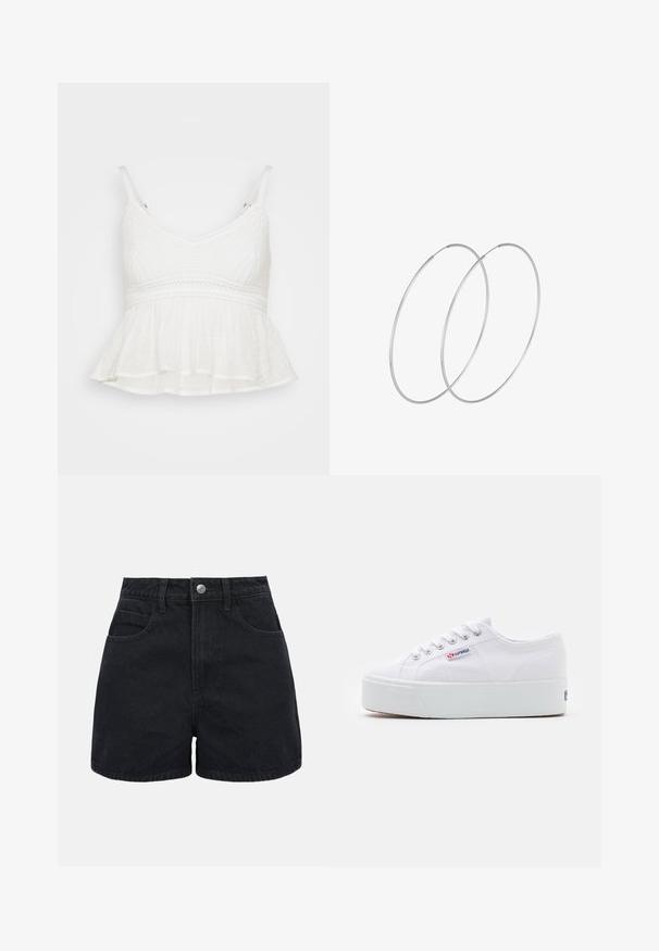 Witte cropped top van een gestructureerde stof, met een aansluitend lijfje, verstelbare bandjes en een uitlopende, gerimpelde zoom.; Zwarte denim shorts met hoge taille, voorste knoopsluiting, riemlussen en twee voorzakken tegen een effen witte achtergrond.; Witte canvas sneaker met een dikke witte platformzool, ronde neus en metalen oogjes voor veters. Merkl logo aan de zijkant weergegeven.; Zilveren hoepel oorbellen met een minimalistisch ontwerp. Cirkelvormig, gladde textuur en dun profiel. Lichtgewicht met een gepolijste afwerking.
