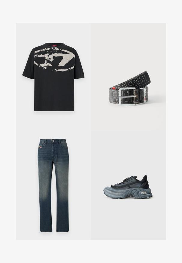 T-shirt noir avec un grand motif abstrait gris clair sur le devant. Manches courtes et encolure ronde classique. Matière en coton.; Jean en denim bleu à jambe droite avec lavage délavé, fermeture avant par bouton et fermeture éclair, et design à cinq poches.; Baskets Diesel noires et grises avec semelle épaisse, système de laçage à bascule et design texturé sur fond gris clair uni.; Ceinture noire Diesel avec grand texte logo blanc, boucle rectangulaire en argent, et détail de boucle métallique brandée, enroulée sur un fond clair.