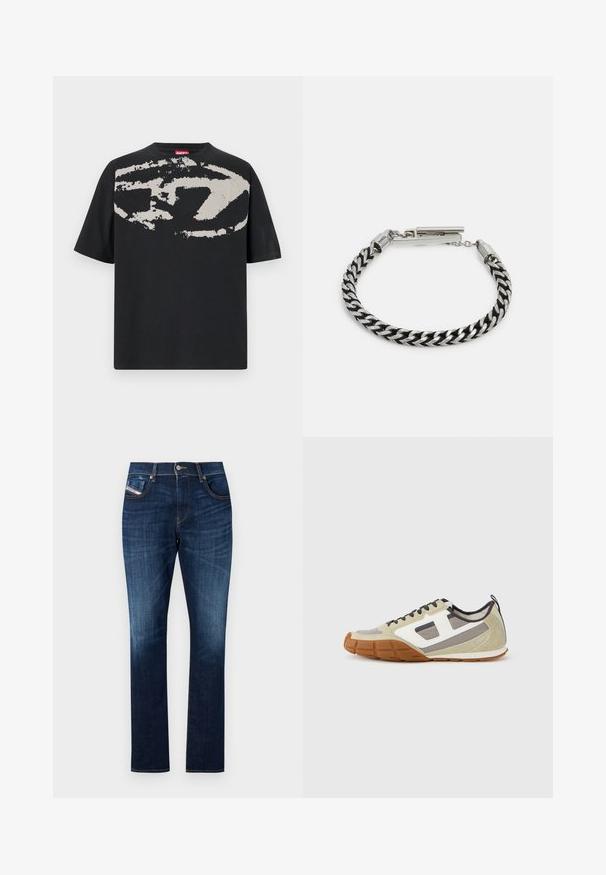 Zwarte T-shirt met een groot, abstract lichtgrijs grafisch ontwerp op de voorkant. Korte mouwen en een klassieke ronde halslijn. Gemaakt van katoen.; Donkerblauwe denim jeans met een rechte snit, vijf zakken, subtiele wassing en contrasterende stiksels langs de naden.; Athletische sneakers met een beige bovenwerk met grijze en witte accenten, gestructureerd suède en een patroonrubberen zool. Inclusief bruine veters en een treklus.; Zilverkleurige metalen armband met verweven zwarte en zilveren segmenten, met een sluiting en een gladde textuur.