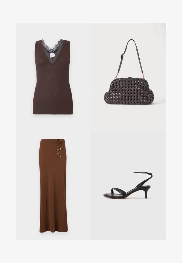 Haut marron sans manches en tissu côtelé avec un décolleté en V profond orné de dentelle noire et une petite étiquette de marque visible au niveau de l'encolure.; Jupe longue marron avec une taille haute et un détail lacé avec œillets dorés et breloques sur le côté droit.; Sandale pour femme en cuir noir avec fines lanières, une boucle d'orteil, une boucle à la cheville et un talon aiguille de hauteur moyenne sur un fond neutre.; Sac à main en cuir noir tressé avec une silhouette courbée et une seule bandoulière réglable avec des ferrures dorées.