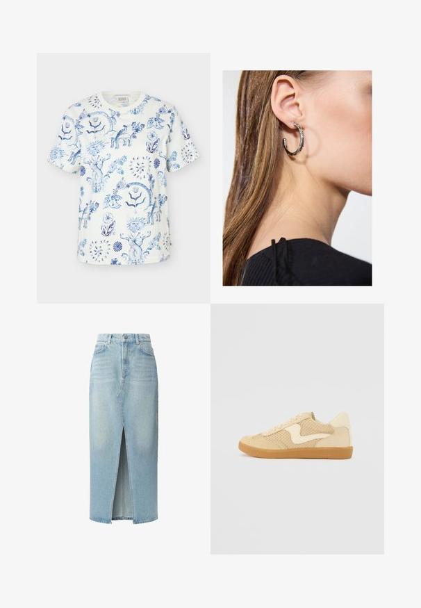 Camiseta blanca de manga corta con patrones azules intrincados de flores y caras solares en toda la tela.; Falda de mezclilla azul claro con abertura frontal, diseño de cinco bolsillos y passadores para cinturón. Fabricada en algodón con una textura suave y un ligero desvanecimiento.; Zapatillas beige con materiales de ante y malla, forma redondeada, cuello acolchado prominente y suela de goma. Presenta un diseño en forma de ola como acento.; Pendiente de aro de plata con un acabado pulido, que presenta pequeños detalles en dorado y una forma redonda, llevado en el lóbulo.