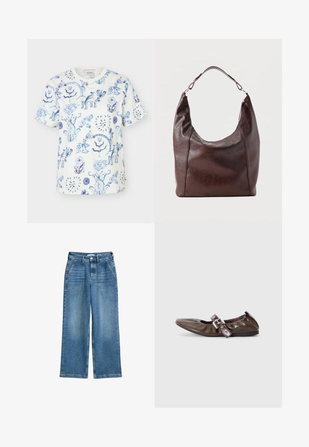 Witte T-shirt met korte mouwen met blauwe ingewikkelde bloemen- en zongezichtpatronen over de hele stof.; Hoge taille wijde spijkerbroek in blauw denim, met voorzakken, riemlussen en een sluiting met knoop en rits aan de voorkant.; Bruine gepatineerde leren ballerina met een spitse neus, elastische strikdetail en een zilveren gespaccent aan de zijkant. Zwarte rubberen zool.; Donkerbruine leren schoudertas met een enkele verstelbare band, een licht gebogen bovenkant en een ritssluiting aan één kant.