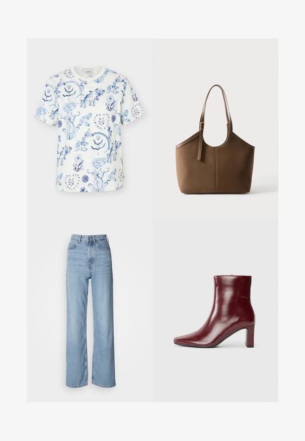 Witte T-shirt met korte mouwen met blauwe ingewikkelde bloemen- en zongezichtpatronen over de hele stof.; Lichtblauwe high-waisted jeans met een rechte pijp, gemaakt van denim, met een sluiting aan de voorkant met knopen en subtiele vervagingdetails.; Bordeauxrode leren enkellaars met een puntige neus en een blokhak. Soepele textuur met een gestroomlijnd silhouet en strakke lijnen.; Bruine leren tote tas met verstelbare schouderriem en gouden gesp, gladde textuur, getoond tegen een effen witte achtergrond.