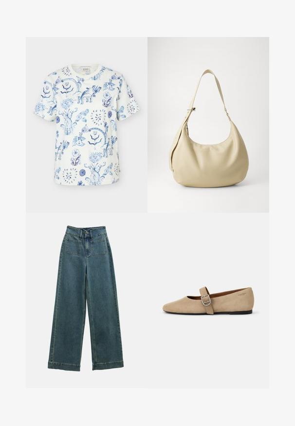 Camiseta blanca de manga corta con patrones azules intrincados de flores y caras solares en toda la tela.; Pantalones de mezclilla de pierna ancha en azul desteñido, con una cintura alta, dos bolsillos frontales y un cierre clásico de botón. La tela tiene una textura suave y lisa.; Bailarinas de ante beige estilo Mary Jane con punta afilada y una sola correa ajustable con hebilla de plata. Suela plana negra.; Bolso de hombro de cuero beige con forma curva, correa ajustable y detalle de logo en relieve, que presenta una textura suave y un diseño minimalista.