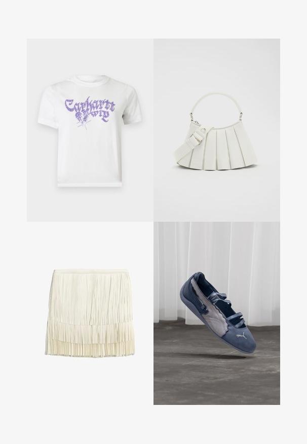 T-shirt blanc à manches courtes avec texte violet de style gothique et motif papillon sur la poitrine indiquant "Carhartt Wip".; Jupe à franges en crème, fabriquée à partir de bandes de tissu superposées. Elle présente une taille ajustée et un design texturé en niveaux avec des franges verticales.; Chaussure plate Puma bleue et grise avec trois brides élastiques, panneau latéral texturé, et logo Puma blanc, en suspension au-dessus d'un sol en béton.; Lacoste LENGLEN BAG - Sac à main - cristalline