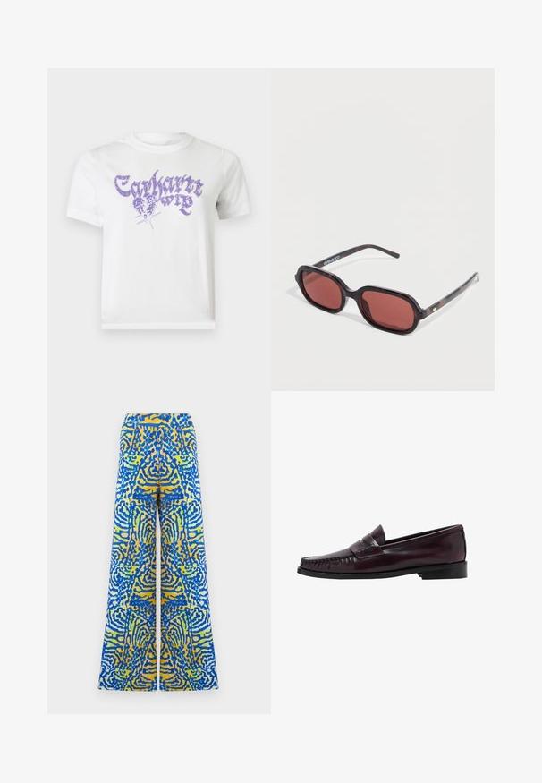 Weißes T-Shirt mit kurzen Ärmeln, lila gotischem Text und Schmetterlingsgrafik auf der Brust mit der Aufschrift "Carhartt Wip".; Weit geschnittene Hose mit lebendigem, abstraktem Muster in Blau, Gelb und Weiß, mit symmetrischem, wellenförmigem Design auf hellem Hintergrund.; Dunkelbraune Herrenleder-Pennyloafers mit schwarzer Sohle und Steppdetails entlang der Spitze, im Seitenprofil gezeigt.; Schildpatt-Sonnenbrille mit ovalen Rahmen, rötlichen Gläsern und schlanken Bügeln. Verfügt über ein kleines goldenes Detail und eine Markenkennzeichnung am Bügel.