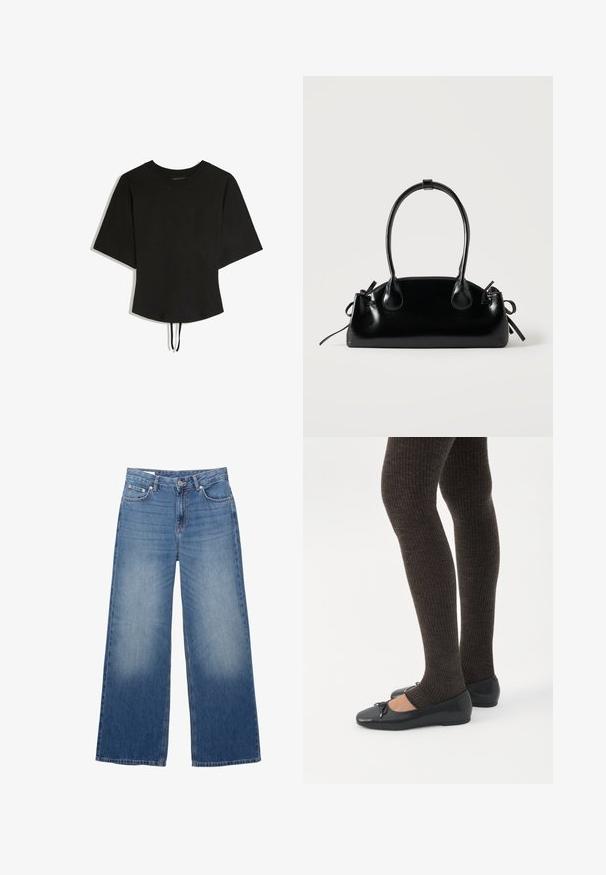 Zwart crop top met korte mouwen, ronde hals en verstelbare trekkoord aan de zoom, afgebeeld op een witte achtergrond.; Blauwe denim wijde broek met voorste knoop en ritssluiting, voorzien van voor- en achterzakken en lichte slijtage op de dijen.; Benen met donkere geribbelde leggings gecombineerd met zwarte ballerina's met kleine strikdetails op een witte achtergrond.; Kleine zwarte glanzende handtas met twee lange hengsels en zijkant trekkoord details op een effen lichte achtergrond.