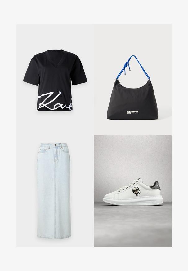 Sort V-hals T-shirt lavet af blødt stof, med korte ærmer og et stort hvidt signaturtryk nederst på fronten.; Lyseblå denim maxi-nederdel med lige design, frontknaplukning og synlige syninger. Har to frontlommer.; Hvide Karl Lagerfeld sneakers med snørebånd foran, sort og beige logo lap, og metallisk sølv hælflap, svævende over et gråt gulv.; Sort nylon taske med afrundet form, blå snøre-håndtag og sølv logo detaljer. Glat tekstur og lynlås lukning.