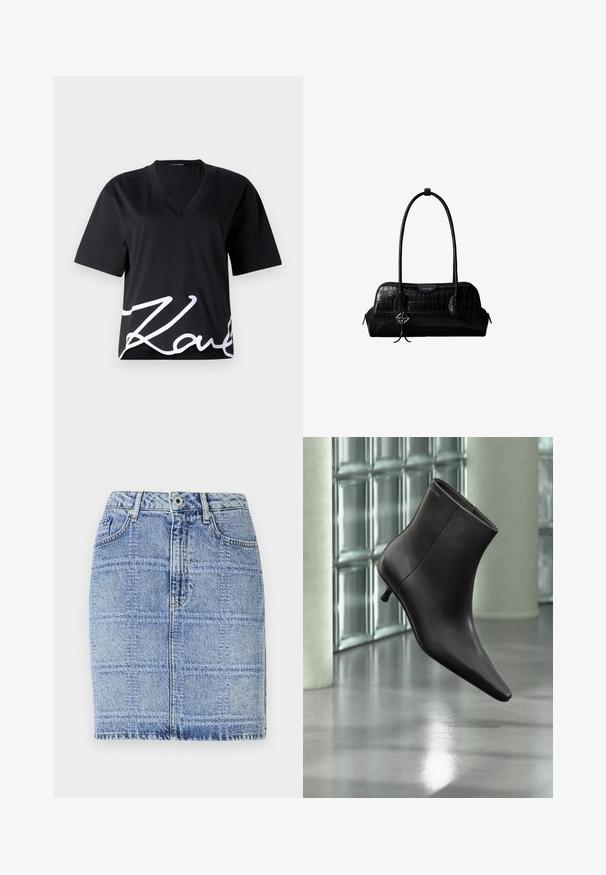 Zwart V-hals T-shirt van zachte stof, met korte mouwen en een grote witte handtekeningprint op de onderzijde van de voorkant.; Denim rok in lichtblauw met een ruitpatroon. Heeft een hoge taille, twee voorzakken en stikaccenten langs de zoom en naden.; Zwarte leren enkellaars met puntige neus en lage hak, afgebeeld tegen een glazen blokkenmuur en gepolijste vloer op de achtergrond.; Zwarte schoudertas van leer met krokodillenstructuur, lange banden en een klein zilveren logohanger aan één band.
