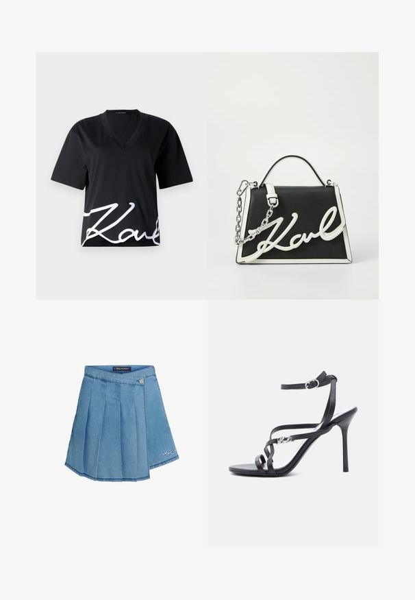 Zwart V-hals T-shirt van zachte stof, met korte mouwen en een grote witte handtekeningprint op de onderzijde van de voorkant.; Denim rok in lichtblauw met geplooid ontwerp, metalen knoopsluiting en geborduurd detail aan de zoom. Gladde textuur en A-lijn vorm.; Zwarte high-heeled sandaal met dunne bandjes, enkelgesp en een metalen logodetail aan het zijbandje, afgebeeld tegen een witte achtergrond.; Zwarte leren handtas met witte accenten. Beschikt over een kettingriem, gestructureerde vorm en een opvallend wit logo-detail. Glad textuur.