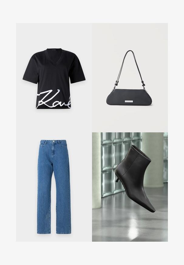 Zwart V-hals T-shirt van zachte stof, met korte mouwen en een grote witte handtekeningprint op de onderzijde van de voorkant.; Lichtblauwe denim jeans met een hoge taille, wijde pijpen en een klassieke vijf-pocket design. De stof heeft een subtiele textuur.; Zwarte leren enkellaars met puntige neus en lage hak, afgebeeld tegen een glazen blokkenmuur en gepolijste vloer op de achtergrond.; Zwarte leren schoudertas met verlengde trapeziumvorm, verstelbare riem en zilveren rechthoekige merkplaat aan de voorkant.