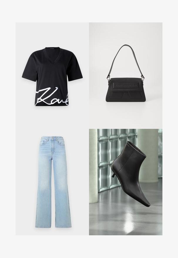 Schwarzes V-Ausschnitt-T-Shirt aus weichem Stoff, mit kurzen Ärmeln und einem großen weißen Signaturdruck auf der unteren Vorderseite.; Hellblaue High-Waist-Jeans mit weitem Bein-Design. Verfügt über fünf Taschen und einen Knopfverschluss, aus Denim mit leichtem Verblassen.; Schwarzer Leder-Knöchelstiefel mit spitzer Spitze und kleinem Absatz vor einer Wand aus Glasbausteinen und einem polierten Boden.; Schwarze Handtasche mit strukturiertem Oberflächenmaterial, einer umklappbaren Klappe mit geprägt Logo und einem schmalen Schulterriemen. Rechteckige Form mit kantigen Akzenten.