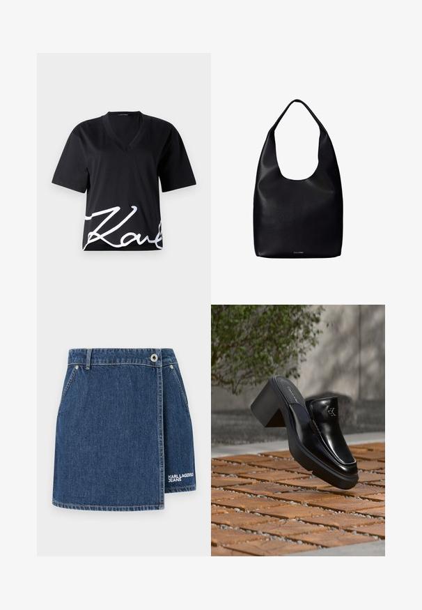 Sort V-hals T-shirt lavet af blødt stof, med korte ærmer og et stort hvidt signaturtryk nederst på fronten.; Denim nederdel i mørkeblå med indpakningsdesign, sølvhardware og hvid "KARL LAGERFELD JEANS" logo broderi ved kanten.; Sort læder Calvin Klein slip-on mule med blokhæl, der hviler på trætøj udendørs nær en grøn plante og en grå væg.; Sort læder shoppertaske med en bred enkelt skulderrem og et subtilt Calvin Klein-logo nederst i midten.