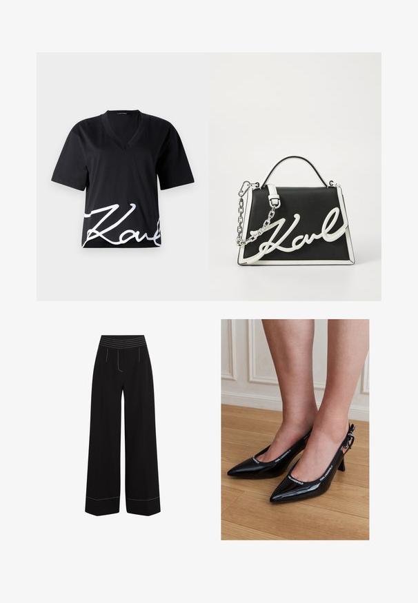 Sort V-hals T-shirt lavet af blødt stof, med korte ærmer og et stort hvidt signaturtryk nederst på fronten.; Sorte brede bukser med en tekstureret, elastisk talje. Har hvid sting langs lommerne og sømmene. Glat stoffinish.; Sorte laklæder stiletter med spids tå og KARL LAGERFELD mærket rem, båret på fødder, der står på trægulv.; Sort læderhåndtaske med hvide accenter. Har kædstrap, struktureret form og fremtrædende hvidt logo detaljer. Glat tekstur.