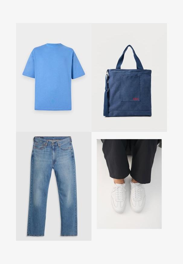 Camiseta de algodón azul con mangas cortas, cuello redondo y diseño de un solo color. Textura suave y corte relajado.; Vaqueros de mezclilla azul de pierna recta con cierre frontal de botón y cremallera, trabillas para cinturón y diseño de cinco bolsillos sobre un fondo blanco.; Zapatillas de cuero blanco con una textura lisa, punta redonda y sistema de cierre clásico, posicionadas sobre pantalones oscuros de corte holgado.; Bolso tote de lona azul con bolsillo frontal y bordado rojo "O.N.S", con asas dobles y una correa ajustable para el hombro.