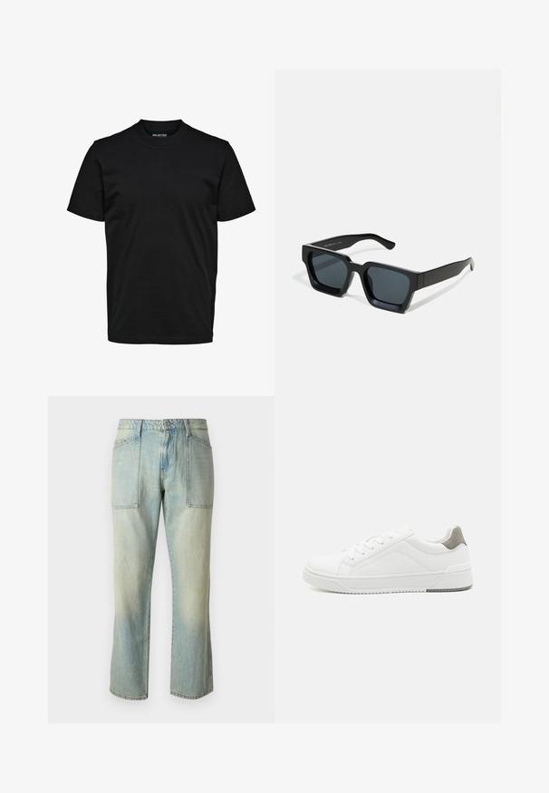 Simpel sort T-shirt med korte ærmer, rund hals og almindelig pasform uden synlige mønstre eller logoer.; Lyseblå denim jeans med lige ben, synlig syning og to store forlommer. Stoffet har en falmet struktur.; Hvid sneaker lavet af glat læder, rund tå, minimalistisk design, grå hælafsats og tekstureret gummisål.; Sorte rektangulære solbriller med mørke linser. Tyk, glat plastikramme med let blank finish og lige stænger.