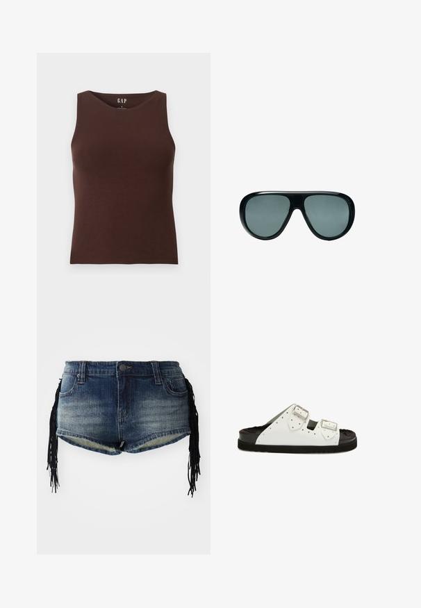 Ærmeløs brun bomuldstop med rund hals, mærket small størrelse fra GAP, vist på ensfarvet hvid baggrund.; Denim shorts i gradient blå vask med frynset kant og sorte frynsedekorationer på siderne, med forlommer og et liv. ; Hvid slidesandal med to sølvspænder, sort polstret faux pels fodseng og sort rillet gummisål, vist i sideprofil.; Store sorte solbriller med mørketonede linser og afrundede rektangulære stel vist mod en hvid baggrund.