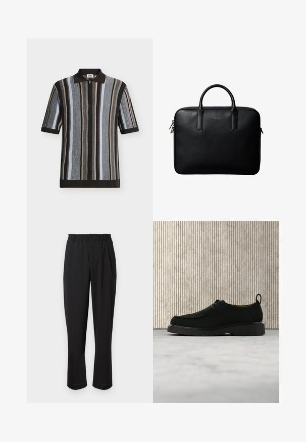 Polo en maille à manches courtes avec des rayures verticales noires, grises, beiges et bleu clair, avec un col noir et une fermeture éclair devant.; Pantalon noir avec une taille élastique, fermeture à bouton et design à jambe droite. Tissu lisse, sans motifs ni accents visibles.; Chaussure décontractée en cuir noir avec lacets, semelle épaisse et languette de tirage, suspendue en l'air au-dessus d'un tapis beige avec un meuble arrondi marron en arrière-plan.; Mallette en cuir noir texturé avec double poignées et tirettes de fermeture éclair argentées, centrée sur fond blanc.