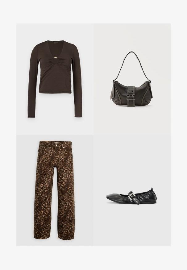Bruine top met lange mouwen, met een diepe V-hals, geplooide stof bij de borst en een zilveren accent onder de halslijn.; Luipaardprint wijde broek in bruin en beige. Gemaakt van denim, met een klassieke vijf-pocket ontwerp en metalen hardware accenten.; Zwarte leren platte schoen met een spitse neus, geplooide details rond de opening en een zilveren gespaccentueerde verstelbare band.; Zwarte leren schoudertas met gespsluiting aan de riem, afgeronde hoeken en contrasterende witte stiksels op een effen achtergrond.