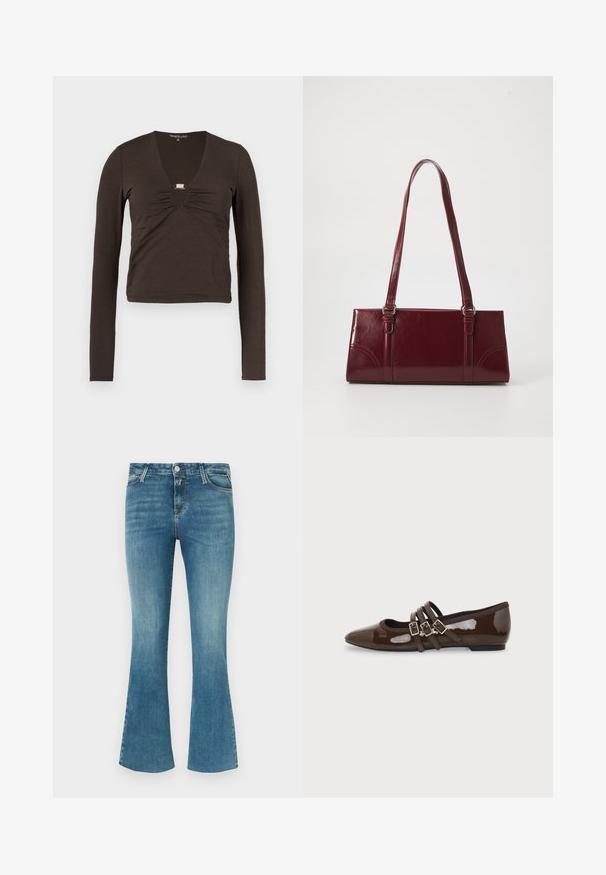 Haut marron à manches longues avec un décolleté en V profond, tissu froncé au niveau de la poitrine, et un détail argenté sous l'encolure.; Jean en denim bleu clair évasé avec une texture lisse, taille mi-haute, cinq poches et surpiqûres contrastées. Comprend une fermeture à bouton et à glissière.; Chaussure plate en cuir verni marron avec bout pointu et trois brides ajustables à boucle sur le côté, vue du profil extérieur.; Sac à main bordeaux en matériau brillant, de forme rectangulaire, avec deux anses et des accents légèrement courbés à l'avant.
