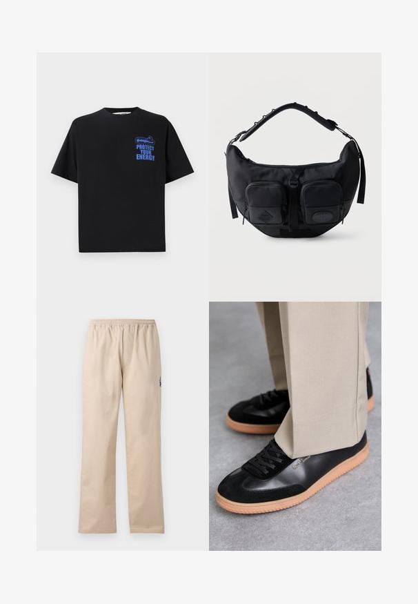 Sort bomulds t-shirt med korte ærmer, der har blå tekst "BESKYT DIN ENERGI" og et grafisk design på den øverste venstre side.; Beige, letvægts, vævede bukser med elastisk talje. Har lige ben og et lille broderet logo på siden.; Paul Smith COMO - Sneakers - black; Sort skuldertaske i halvmåneform med polstret justerbar rem og to lynlåslommer foran med trækflapper.