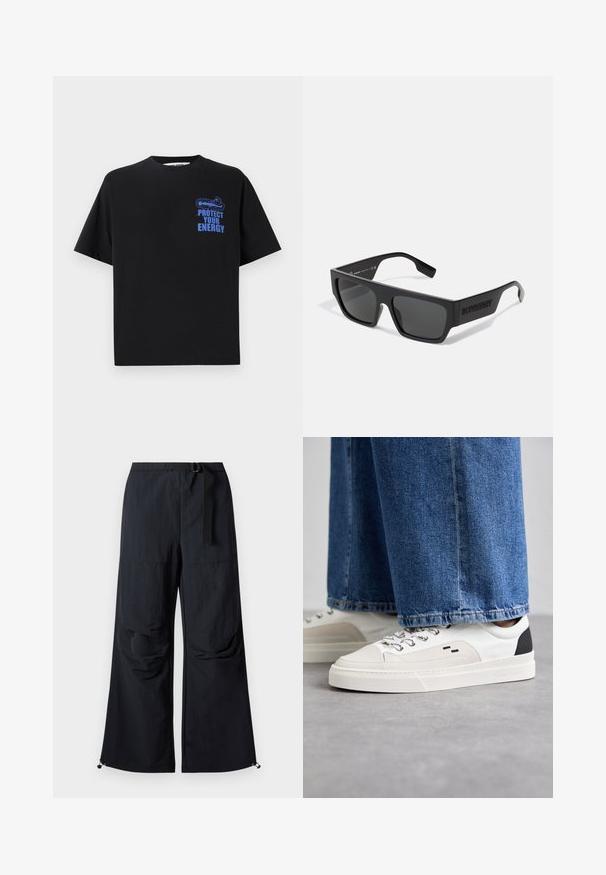 Schwarzes Baumwoll-T-Shirt mit kurzen Ärmeln, mit blauem Text "BESCHÜTZE DEINE ENERGIE" und einem grafischen Design auf der oberen linken Seite.; Schwarze, weit geschnittene Hose aus leichtem Stoff. Verfügt über einen Gürtel, zwei große Seitentaschen und verstellbare Säume mit Kordelzug.; Weiße und schwarze Sneaker mit einem Obermaterial aus glattem Leder, strukturierten Akzenten und einer massiven weißen Sohle. Verfügt über ein klassisches Schnürdesign.; Schwarze Sonnenbrille mit rechteckiger Form, mattem Finish und grauen Gläsern. Mit eingeprägtem Logo an den Bügeln. Klassisches Design.
