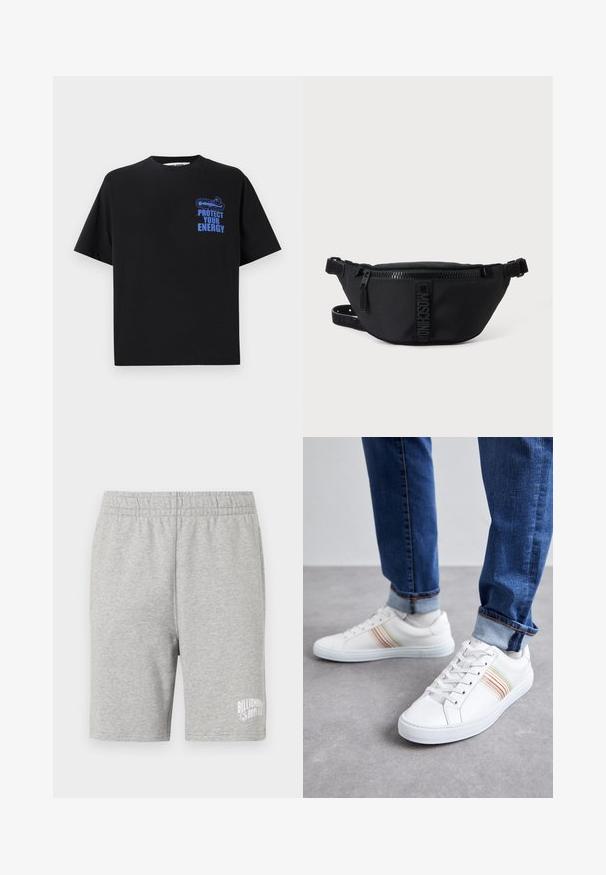 Zwarte katoenen t-shirt met korte mouwen, met blauwe tekst "BESCHERM JE ENERGIE" en een grafisch ontwerp op de bovenste linkerkant.; Grijze katoenen shorts met een elastische tailleband en een wit logo aan de onderzijde rechts. Zachte textuur, knielange pasvorm.; Witte leren sneakers met meerkleurige strepen, vetersluiting, rubberen zool en gevoerd kraagje, gecombineerd met blauwe spijkerbroek.; Zwarte Moschino heuptas met rits aan de voorkant en verstelbare band op een egale lichte achtergrond.