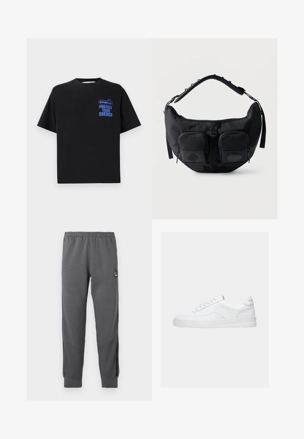 Sort bomulds t-shirt med korte ærmer, der har blå tekst "BESKYT DIN ENERGI" og et grafisk design på den øverste venstre side.; Grå sweatpants lavet af blødt stof med elastisk talje, tætsiddende ben, sidelommer og en cirkulær logo-patch.; Hvid lavt sneaker med snørelukning, glat læderoverdel og tyk sål, vist fra siden på en ensfarvet baggrund.; Sort skuldertaske i halvmåneform med polstret justerbar rem og to lynlåslommer foran med trækflapper.