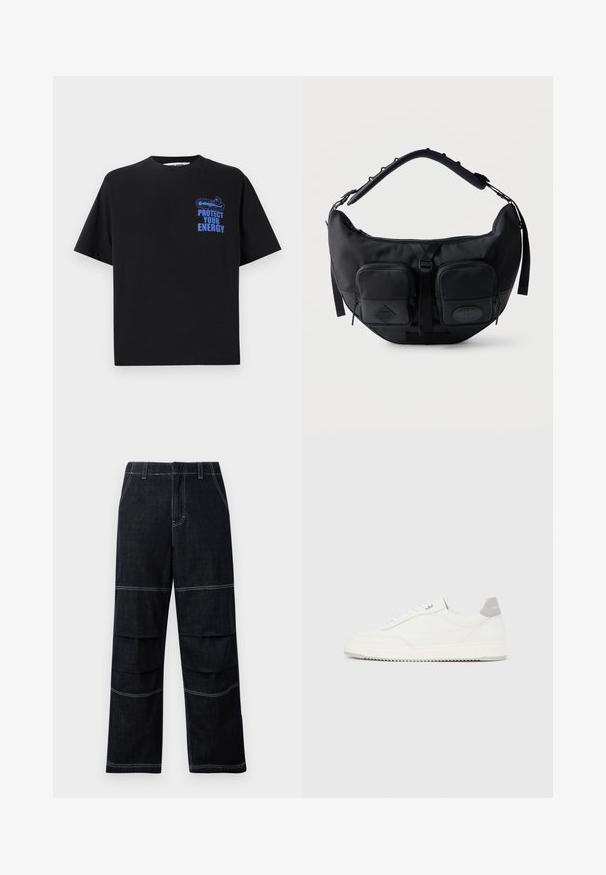 Zwarte katoenen t-shirt met korte mouwen, met blauwe tekst "BESCHERM JE ENERGIE" en een grafisch ontwerp op de bovenste linkerkant.; Donker denim wijduitlopende broeken met een hoge taille, voorzien van contrasterende stiksels en gelaagde zakken over de dijen.; Witte lage sneaker met grijze hielpatch, witte veters en een gestructureerde zool, gepresenteerd op een effen lichte achtergrond.; Zwarte schoudertas in halve maanvorm met gevoerde verstelbare riem en twee voorvakken met rits en trekbandjes.
