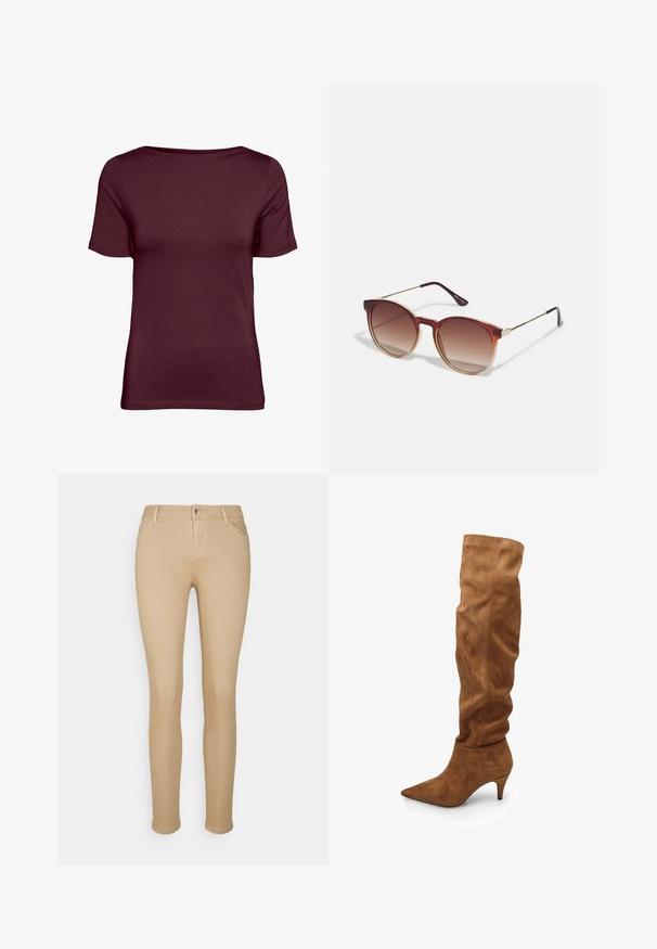 Kortærmet damet-shirt med rund hals i ensfarvet mørk bordeaux, med tætsiddende pasform og enkel design.; Beige slim-fit bukser lavet af strækstof, med lynlås foran, knaplukning, fem lomme stil, og minimale syninger.; Højbrune ruskindsstøvler med et slouchy design, spidse tå og lav hæl. Har en glat overflade og minimalistisk stil.; Runde solbriller med brune gradientlinser, en tortoiseacetatramme og gyldne metalakcenter på broen og stængerne.