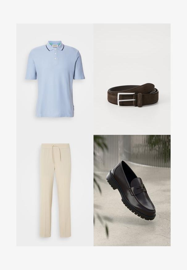 Polo bleu clair en tissu côtelé, doté d'une patte de boutonnage à deux boutons, de manches courtes et d'un bord marine au niveau du col.; Pantalons beiges à taille élastique avec cordon de serrage. Comprend des jambes droites et une texture lisse, adaptés pour un usage décontracté ou pour se détendre.; Mocassins en cuir marron avec une semelle en caoutchouc texturée et striée. Présente un design épuré et une sangle décorative sur le cou-de-pied.; Ceinture en suede marron avec une boucle rectangulaire en argent. La ceinture présente une texture lisse et un design épuré, adapté à diverses tenues.