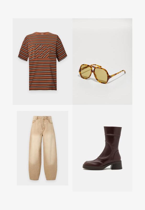 Braunes, beiges und schwarzes horizontal gestreiftes T-Shirt mit kurzen Ärmeln und einer passenden gestreiften Vorderbrusttasche mit abstraktem Design.; Beige Jeans mit hoher Taille und weitem Bein, mit Fronttaschen, Gürtelschlaufen, einem Knopf und sichtbaren Nahtdetails.; MIISTA MALENE - Stiefelette - brown; CHLOÉ CH0289S - Sonnenbrille - havana/green
