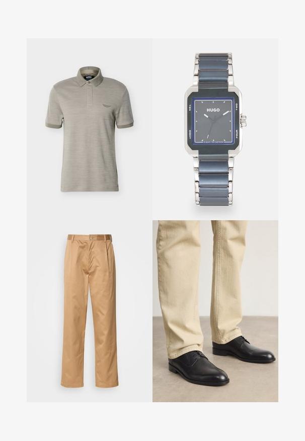 Beige poloshirt med korte ærmer, ribstrikket krave og manchetter, knaplukning samt lille broderet logo på brystet.; Khaki bukser, blanding af bomuld, lige ben-design, frontfald, bæltesløjfer og knaplukning. Glat tekstur uden mønstre.; Sorte læder snørebåndssko med rund tå, glat finish og diskrete syninger, båret med lyse beige bukser.; Rektangulær sølvur med en mørkegrå urskive, blå accenter og et armbånd i rustfrit stål. Vandtæt op til 50 meter.