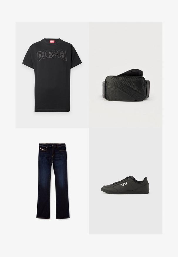 Zwart T-shirt met korte mouwen en gebogen gestikte "DIESEL" tekst op de borst, met een rood label aan de binnenkant van de nek.; Donkerblauwe denim jeans met een rechte pijp, voorzien van oranje stiksels, een ritssluiting en voorzakken. Glad oppervlak en een standaard tailleband.; Zwarte sneakers van synthetisch materiaal met een geribbelde zwarte zool, ronde neus en vlakke zwarte veters. Opvallend wit logomerk aan de buitenzijde.; Zwarte riem met een gestructureerd ontwerp en een opvallend geperst logo. Het materiaal lijkt glad met een lederachtige afwerking.