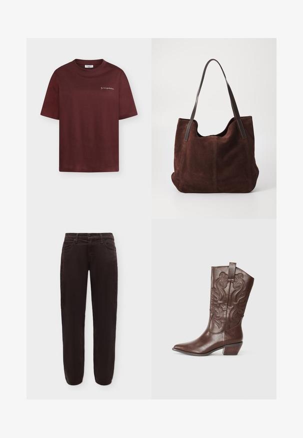 Bordové tričko s krátkym rukávom a okrúhlym výstrihom, s malým bielym nápisom "by marcopolo denim" na ľavej strane hrudníka.; Tmavohnedé nohavice s priamym strihom, predným gombíkom a zipsom, opaskové očká a bočné vrecká, zobrazené na bielom pozadí.; Hnedé kožené cowboyské topánky s špicatou špičkou, dekoratívnym prešívaním na priehlavku a nízkym zúženým podpätkom. Hladká textúra s lesklým povrchom.; Hnedá semišová taška cez rameno s dvoma tmavými koženými popruhmi. Mäkká textúra, zaoblený vrch a priestranný vnútorný priestor. Žiadne viditeľné kovanie ani ozdoby.