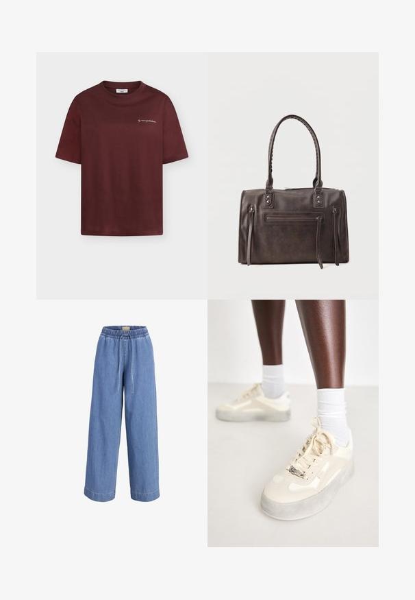 Weinrotes T-Shirt mit kurzen Ärmeln und Rundhalsausschnitt, mit kleinem weißen Schriftzug „by marcopolo denim“ auf der linken Brust.; Hellblaue Jeans mit weitem Bein, elastischem Bund und vorderem Kordelzug.; Beige Sneakers aus glattem Leder und Wildlederakzenten, graue Gummisohle, strukturierte Muster und ein metallisches Markenlogo an der Seite.; Dunkelbraune Lederhandtasche mit zwei Griffen, vorderer Reißverschlusstasche und zwei vertikalen seitlichen Reißverschlussdetails vor weißem Hintergrund.