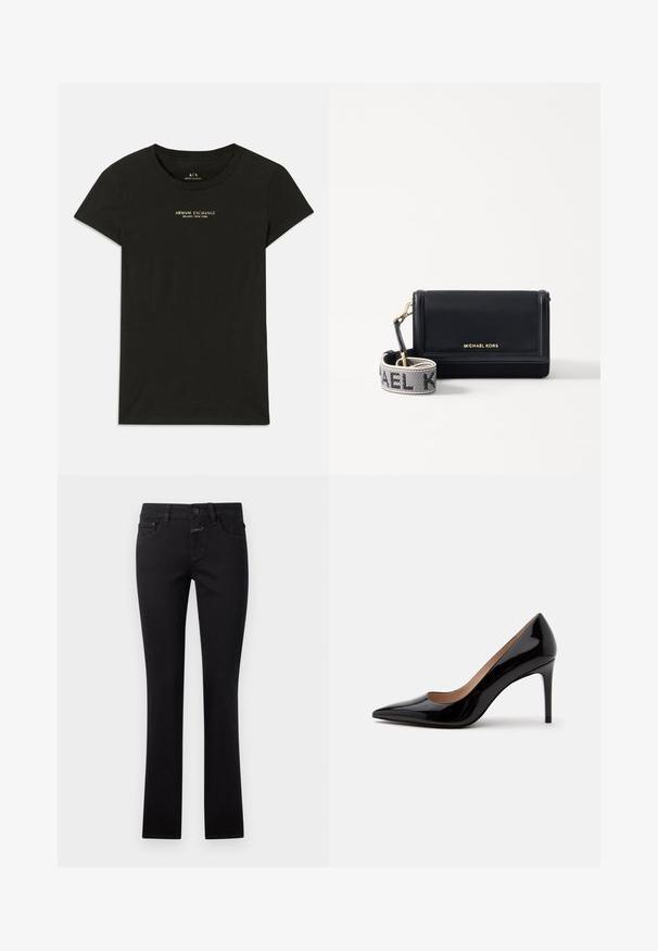 Musta lühiärg Armani Exchange T-särk, mille rinnaosal on väikesed beežid tähed "Armani Exchange Milano / New York".; Mustavad teksad, mis on valmistatud denimist, kitsas disain, nööp sulgemisega ja traditsiooniline viie taskuga stiil. Sile tekstuur kerge venivusega.; Mustast lakknahast kõrge kontsaga king, millel on terav nina ja konts, kuvatud külgvaates ühevärvilise valge tausta peal.; MICHAEL Michael Kors JET SET SM PHONE WBG XBODY - Ülerinna-kott - black