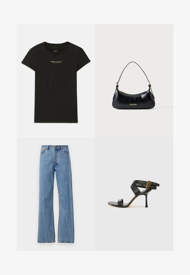 Sort kortærmet Armani Exchange T-shirt med "Armani Exchange Milano / New York" trykt i små beige bogstaver på brystet.; Lyseblå højtaljede lige jeans med frontknap, lynlås og femlomme-design på hvid baggrund.; Sort hæl-sandal med krydsede stropper og justerbar spænde. Har en glat overflade og spids stilettohæl.; Sort læder skuldertaske med guldfarvet lynlås og "LOVE MOSCHINO" logo foran, med et buet top håndtag.