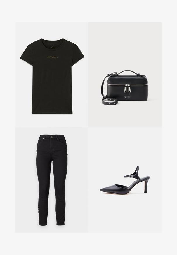 Musta lühiärg Armani Exchange T-särk, mille rinnaosal on väikesed beežid tähed "Armani Exchange Milano / New York".; Mustad teksad mustadest denimist, kõrge vöökoht, esi-taskud, nupuga sulgemine ja peen õmblusdetail õmblustes.; Mustad terava ninaga kõrge kontsaga king õhukese pahkluu rihmaga ja hõbedase pandlaga, sile nahkpinnaga, elegantne naiste king.; Must ristkülikukujuline nahast õlakott hõbedaste topeltlukkude ja reguleeritava sangaga, millel on Emporio Armani logo ja teksti Milano 1981.