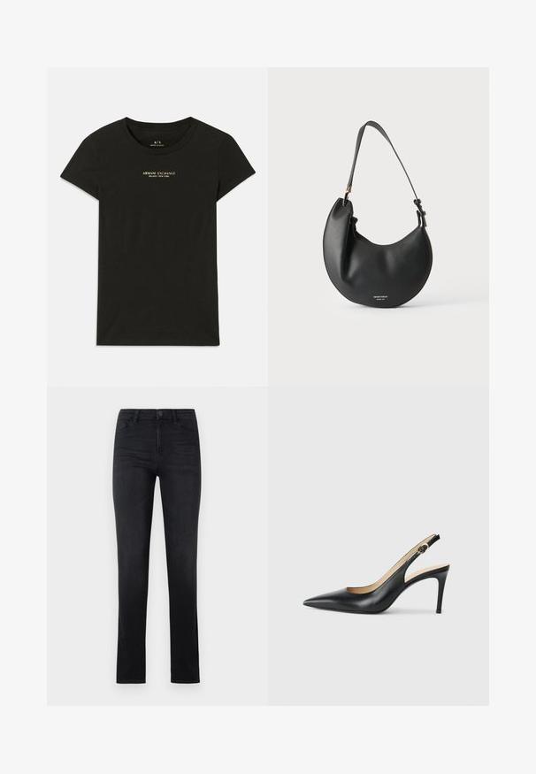 Musta lühiärg Armani Exchange T-särk, mille rinnaosal on väikesed beežid tähed "Armani Exchange Milano / New York".; Mustad denim püksid, joonistav disain, sirge jalg, viis taskut, nupuga sulgemine ja peened õmblused. Sile tekstuur, klassikaline stiil.; Mustad nahast seljataga kõrged kontsad, kellel on terav varvas, reguleeritav rihm ja sujuva viimistlusega stiilne stiletto konts.; Mustast nahast poolkuu kujuga õlakott reguleeritava rihmaga ja ees väikese valge logotekstiga hele taust.