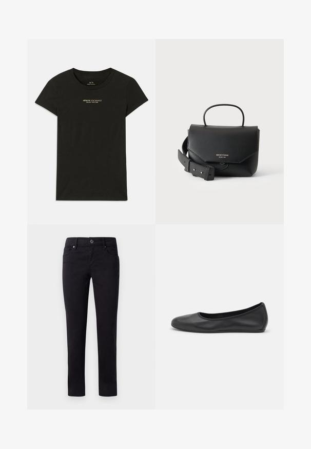 Sort kortærmet Armani Exchange T-shirt med "Armani Exchange Milano / New York" trykt i små beige bogstaver på brystet.; Sorte bomuldsbukser med lige ben-design, der har forlommer og en knaplukning i taljen. Glat tekstur uden mønstre.; Sort læderballetsko med rund tå, glat tekstur, minimal syning og et fleksibelt såldesign.; Sort læder Emporio Armani håndtaske med topstrop, klaplukning og bred aftagelig skulderrem på hvid baggrund.