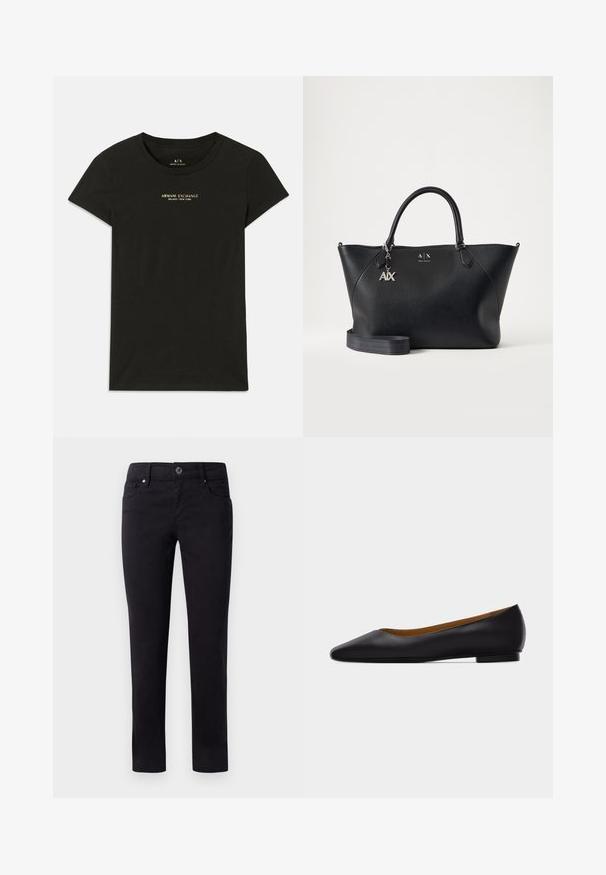 Schwarzes Baumwoll-T-Shirt mit kurzen Ärmeln von Armani Exchange, mit "Armani Exchange Milano / New York" in kleinen beigen Buchstaben auf der Brust gedruckt.; Schwarze Baumwollhosen mit geradem Bein, ausgestattet mit Fronttaschen und einem Knopfverschluss an der Taille. Glatte Textur und ohne Muster.; Schwarzer flacher Schuh aus Leder mit spitz zulaufender Vorderkappe, niedrigem Absatz und glatter Oberfläche, von der Seite vor einem hellgrauen Hintergrund dargestellt.; Schwarze Lederhandtasche von Armani Exchange mit zwei Henkeln, silbernem A|X-Anhänger und abnehmbarem Schulterriemen vor einfarbig hellem Hintergrund.