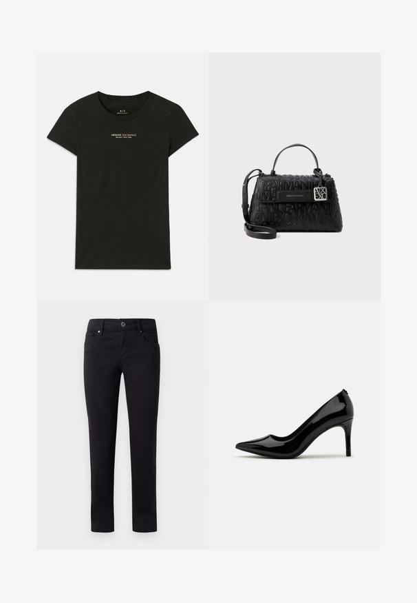 Sort kortærmet Armani Exchange T-shirt med "Armani Exchange Milano / New York" trykt i små beige bogstaver på brystet.; Sorte bomuldsbukser med lige ben-design, der har forlommer og en knaplukning i taljen. Glat tekstur uden mønstre.; Sorte laklæder højhælede pumps med spids tå og slank silhuet, prydet med en glat overflade og minimalistisk design.; Sorte håndtaske lavet af struktureret materiale, med præget brandnavn, en topstrop og en aftagelig skulderrem med sølvhardware.