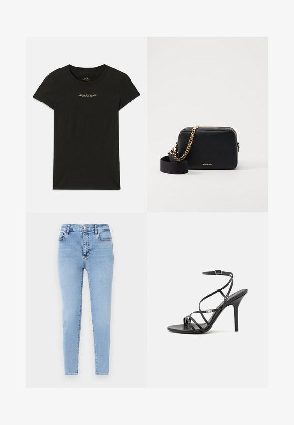 Schwarzes Baumwoll-T-Shirt mit kurzen Ärmeln von Armani Exchange, mit "Armani Exchange Milano / New York" in kleinen beigen Buchstaben auf der Brust gedruckt.; Helle blaue, hochtaillierte Jeans mit schmalem Schnitt. Aus Denim mit feiner Textur gefertigt, mit einem Knopfverschluss vorne und Gesäßtaschen.; Schwarze High-Heel-Sandale mit dünnen Riemen, einem Knöchelverschluss, einer glatten Lederoberfläche und einem schlanken Stiletto-Absatz.; Schwarze Leder-Crossbody-Tasche mit goldenen Kettenakzenten, Reißverschluss und abnehmbarem Stoffgurt. Michael Kors-Logo auf der Vorderseite.