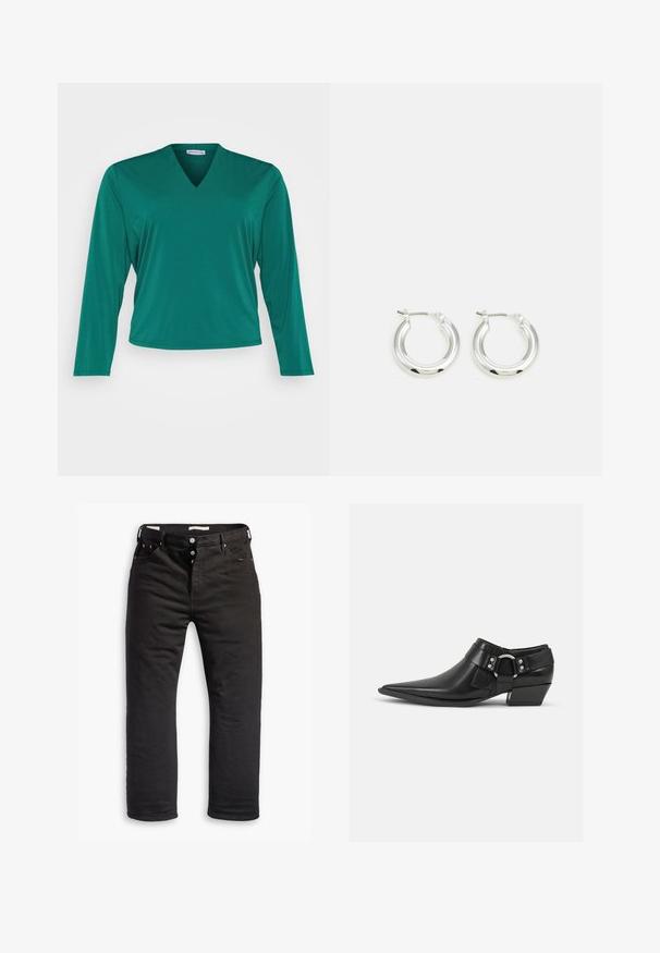 Grünes Langarmoberteil mit V-Ausschnitt. Hergestellt aus weichem Stoff, mit lockerem Schnitt und geradem Saum. Keine sichtbaren Muster oder Akzente.; Schwarze Denim-Jeans mit geradem Bein, ausgestattet mit einem Knopfverschluss, fünf Taschen und dezentem Stickdetail. Angenehme Textur.; Schwarze Leder-Ankle-Boots mit spitzem Zeh, ausgestattet mit einem vorderen Leder-Riemen und einem silbernen Schnallendetail sowie einem niedrigen Blockabsatz.; Silberne Creolen mit glänzender Oberfläche, die eine kreisrunde Form haben und mit einem schwenkbaren Verschluss ausgestattet sind. Glatte Textur mit minimalen Details.